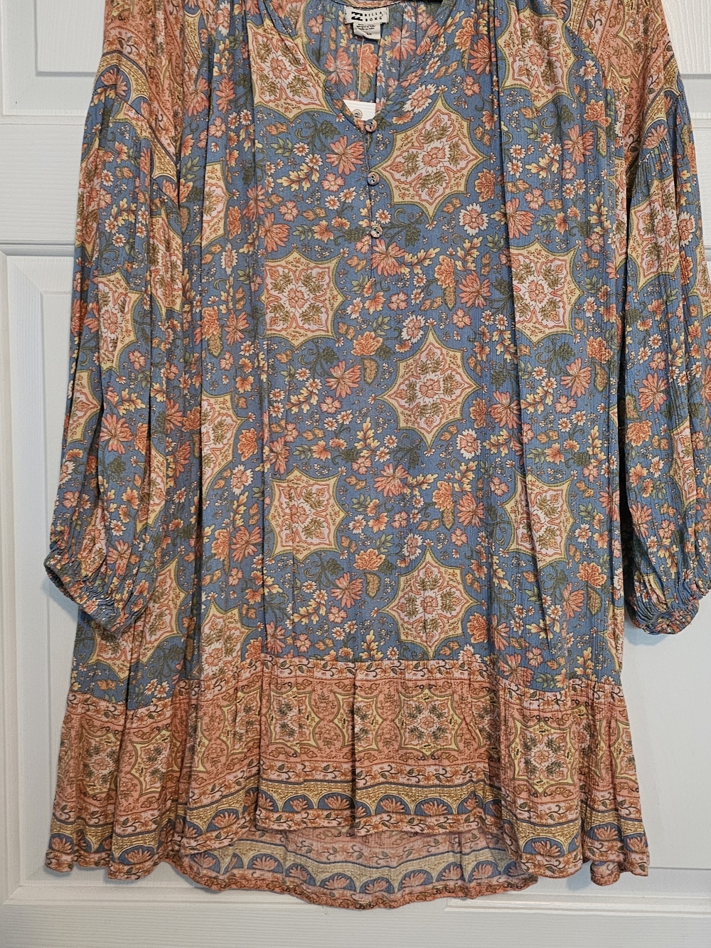 Billabong Blue and Peach Floral Long Sleeve Peasant Dress